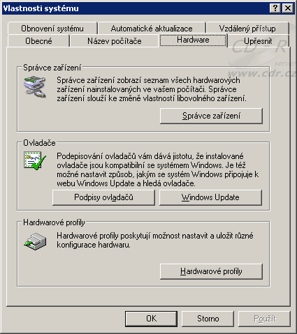 Windows XP - Vlastnosti systému - Hardware
