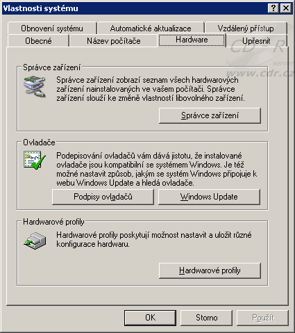 Windows XP - Vlastnosti systému - Hardware Windows XP - Vlastnosti systému - Hardware