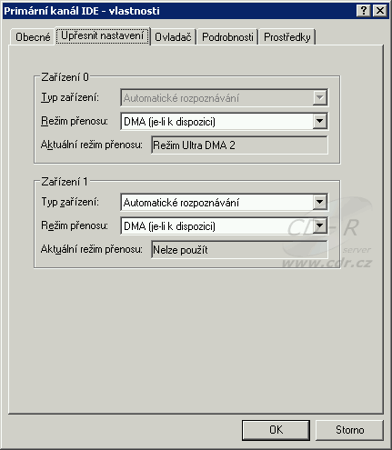 Windows XP - Primární kanál IDE - Vlastnosti - Upřesnit