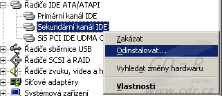 Windows XP - Správce zařízení - Sekundární kanál IDE - Odinstalo