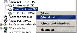 Windows XP - Správce zařízení - Sekundární kanál IDE - Odinstalo Windows XP - Správce zařízení - Sekundární kanál IDE - Odinstalo