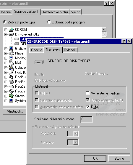 Windows 98 - Vlastnosti HDD - zapnutí DMA