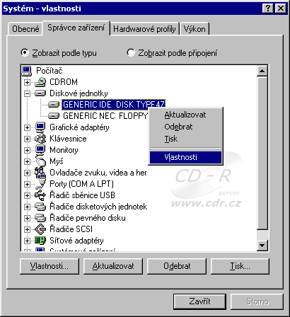 Windows 98 - Správce zařízení - HDD - Vlastnosti