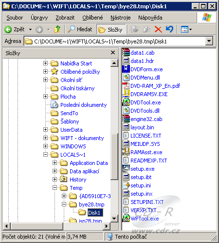 Dočasná složka s rozbalenou instalační sadou Panasonic DVD-RAM o Dočasná složka s rozbalenou instalační sadou Panasonic DVD-RAM o