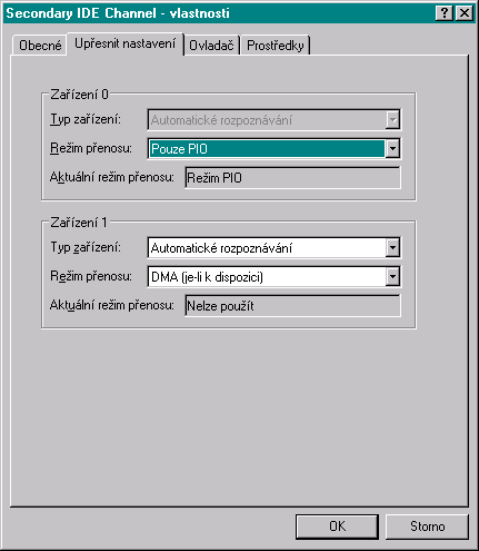 Nastavení IDE zařízení: Pouze PIO Nastavení IDE zařízení: Pouze PIO