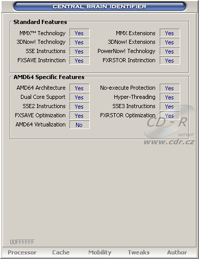 Athlon 64 FX-60 v programu CBId - detekované technologie