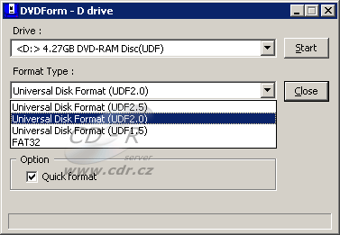 DVDForm pod Windows Vista - dostupné formáty pro DVD-RAM