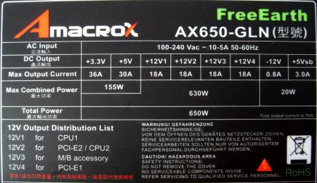 11 herních zdrojů v testu: Amacrox FreeEarth AX650-GLN