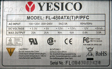 Výrobní štítek zdroje Yesico FL-480ATX