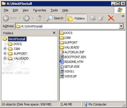 Složka s instalační sadou Windows XP bez jakéhokoli Service Pack