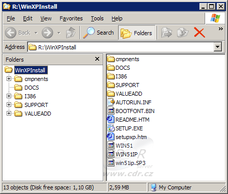 Výsledek integrace Windows XP SP3 na instalačku