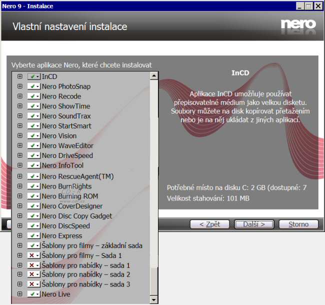 Nero 9 - Instalace výběr aplikací