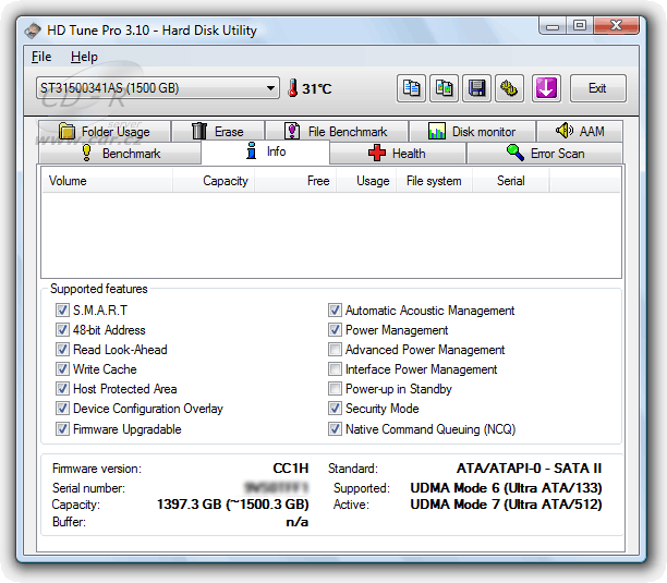 HD Tune Pro - informace o disku ST31500341AS