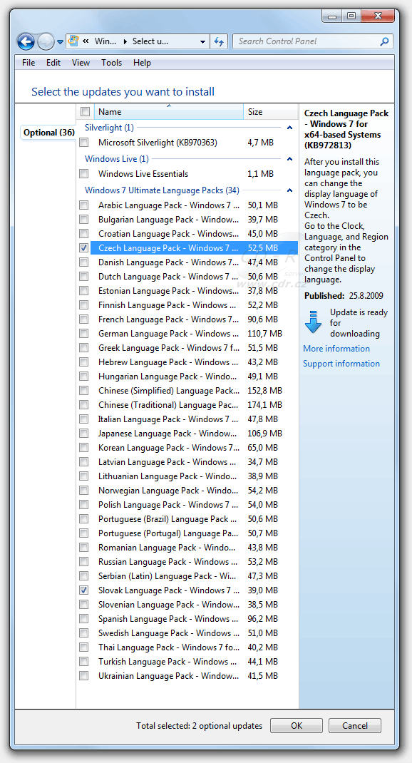 Windows Update - Windows 7 - jazykové balíčky