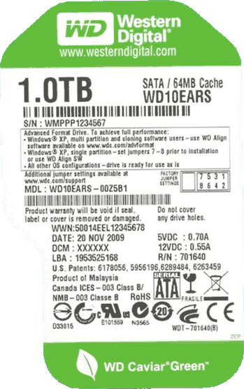 WD10EARS - ukázka štítku na WD Advanced Format Drive WD10EARS - ukázka štítku na WD Advanced Format Drive