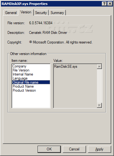 RAMDiskXP.sys - vlastnosti souboru ovladače RAMDiskXP.sys - vlastnosti souboru ovladače