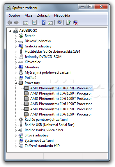 AMD Phenom II X6 1090T ve správci zařízení Windows 7