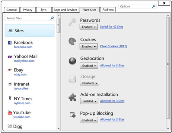 Firefox 4 - nastavení vztahů k webovým stránkám Firefox 4 - nastavení vztahů k webovým stránkám