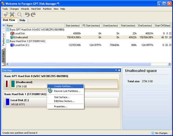 Paragon GPT Disk Manager - vytváření partition Paragon GPT Disk Manager - vytváření partition