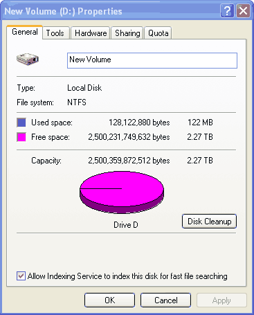 Využitá kapacita 2,5TB disku ve Windows XP