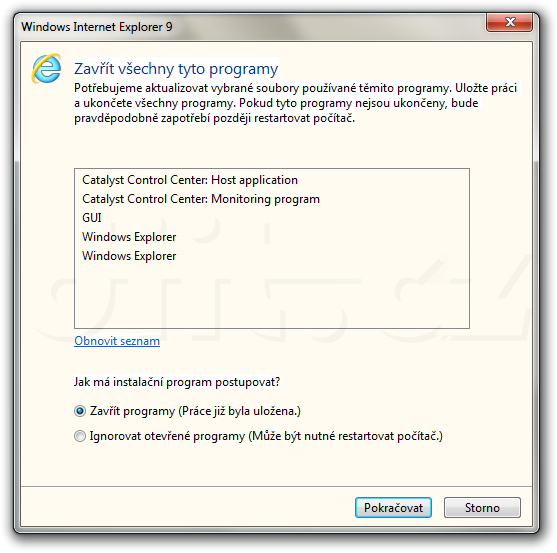 Internet Explorer 9 RC - výzva k zavření programů