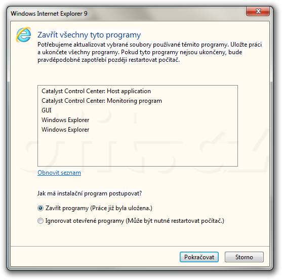 Internet Explorer 9 RC - výzva k zavření programů Internet Explorer 9 RC - výzva k zavření programů