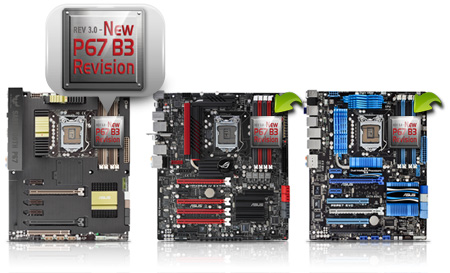 „New P67 B3 Revision“ štítek na paměťových slotech desek ASUS „New P67 B3 Revision“ štítek na paměťových slotech desek ASUS