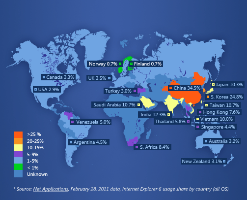 Podíl prohlížeče IE6 ve světě pro únor 2011 - mapa (zdroj: ie6countdown.com)