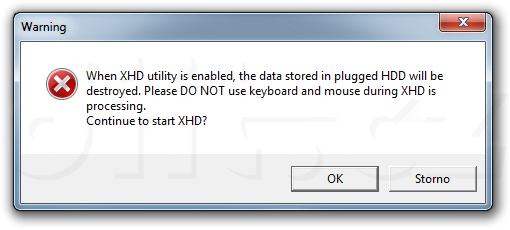 Gigabyte XHD - potvrzení před spuštěním procesu