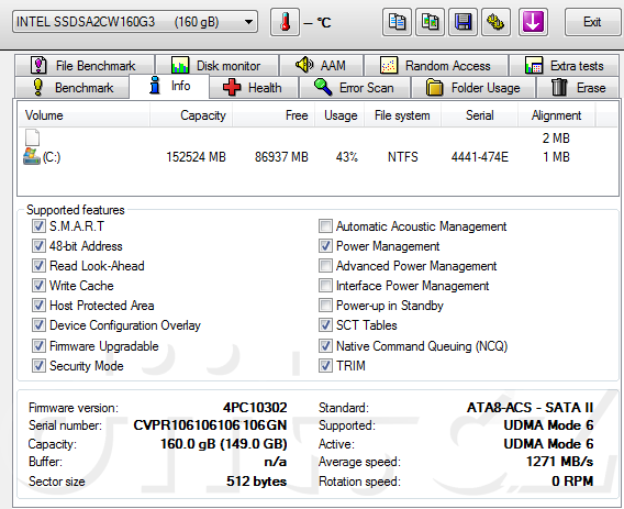 Intel SSD 320 Series 160GB - HD Tune Pro - info