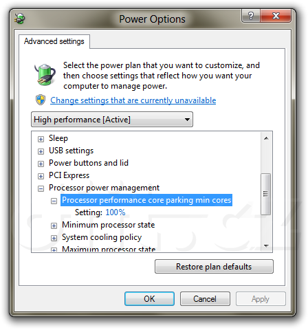 Core Parking settings enabled in Advanced Power options in Windows 8