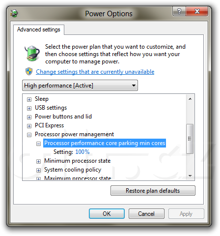 Core Parking settings enabled in Advanced Power options in Windows 8 Core Parking settings enabled in Advanced Power options in Windows 8