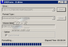 Průběh formátování DVD-RAM ve Windows Vista pomocí DVDForm
