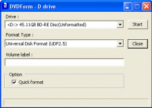 DVDForm s dvouvrstvým BD-RE médiem pod Windows XP
