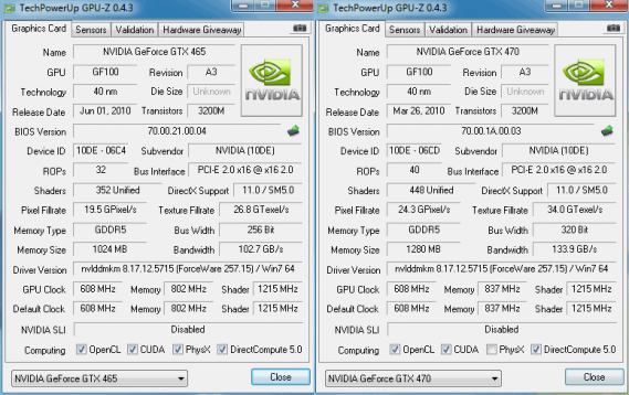 GeForce GTX 465 → GTX 470 - GPU-Z: vlevo před, vpravo po upgradu