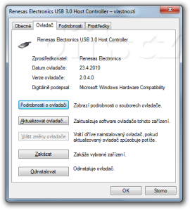 Vlastnosti ovladače - Renesas Electronics USB 3.0 Host Controller