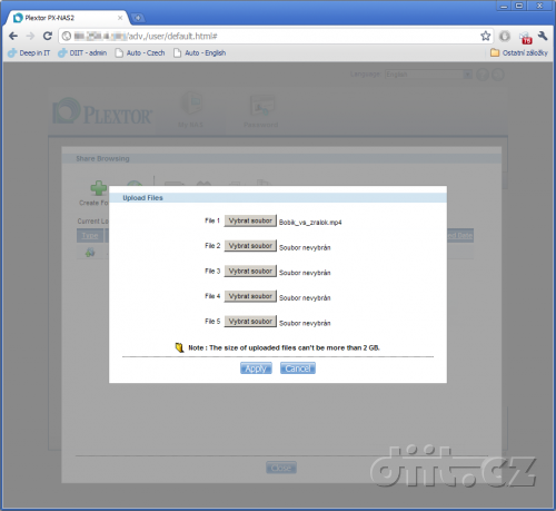 Plextor PX-NAS2 - upload přes web rozhraní
