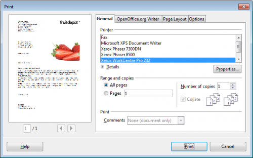 OpenOffice 3.3 dialog pro tisk