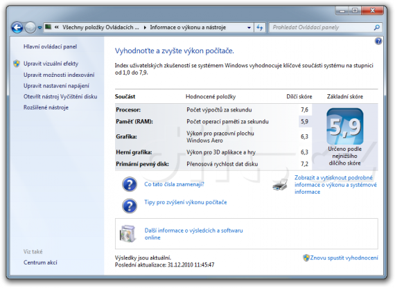 Hodnocení výkonu Windows: Intel Core i7 2600K, DDR3-1066 DL7, Kingston SSDNow V+100 128GB Hodnocení výkonu Windows: Intel Core i7 2600K, DDR3-1066 DL7, Kingston SSDNow V+100 128GB