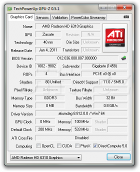 Gigabyte GA-E350N-USB3 - GPU-Z 0.5.1, informace o grafice