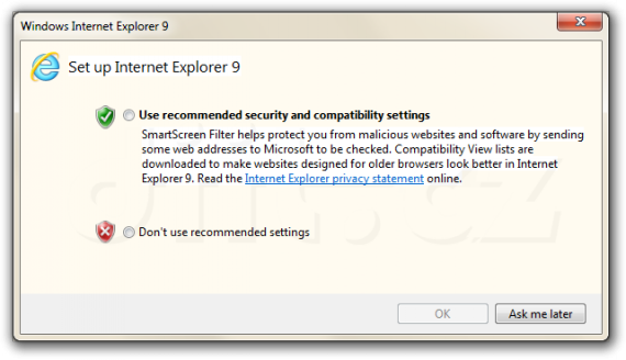Internet Explorer 9 RC - nastavení zabezpečení při prvním spuštění