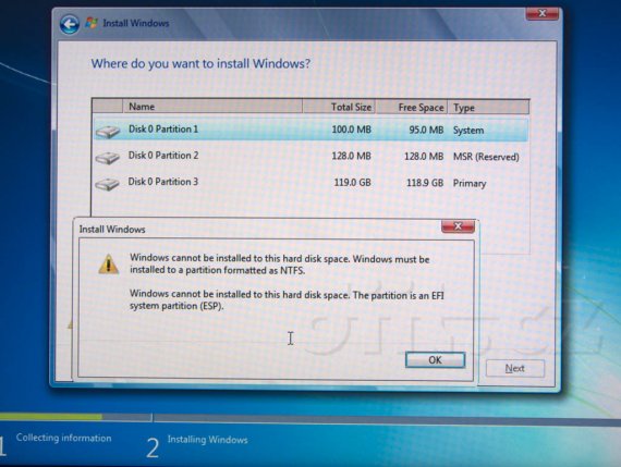 Instalátor Windows 7 informuje o EFI System Partition