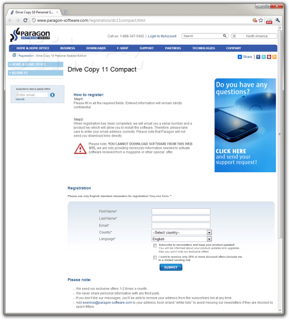 Paragon Drive Copy 11 Compact - registrační formulář