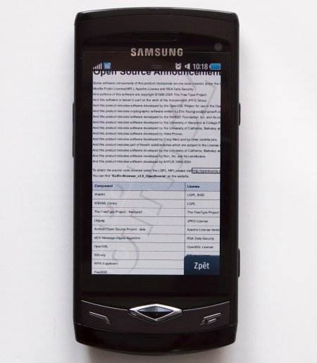 Samsung Wave S8500, přehled licencí