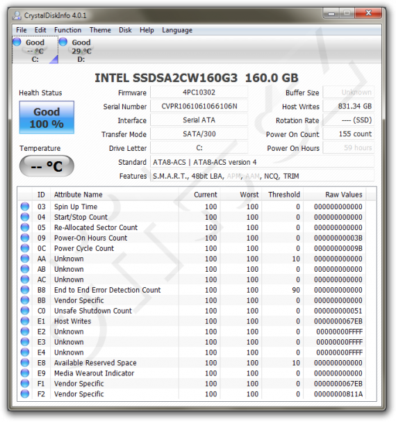 Intel SSD 320 Series 160GB - CrystalDiskInfo