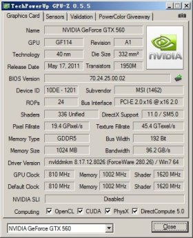 Nvidia GeForce GTX 560 192bit GPU-Z (inpai.com.cn)