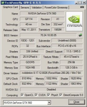 Nvidia GeForce GTX 560 256bit GPU-Z (inpai.com.cn)