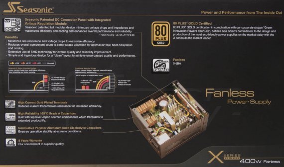 Seasonic X-400 Fanless (SS-400FL Active PFC F3) - informace ze spodku krabice