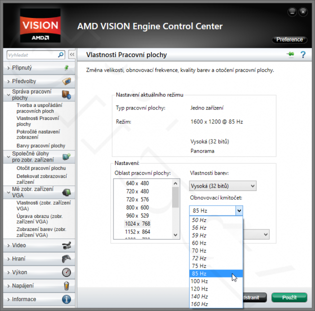 AMD Vision Control Engine - nabídky frekvence při 1024×768