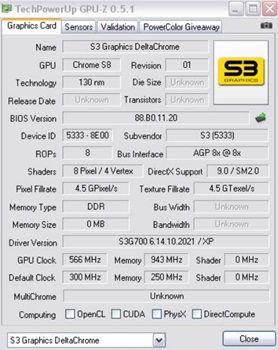 Ilustračný screenshot dedikovanej grafickej karty s S3G DeltaChrome S8 GPU